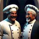 Two smiling animated chefs in traditional white uniforms and hats