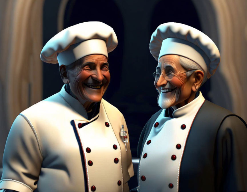 Two good chefs look and laugh