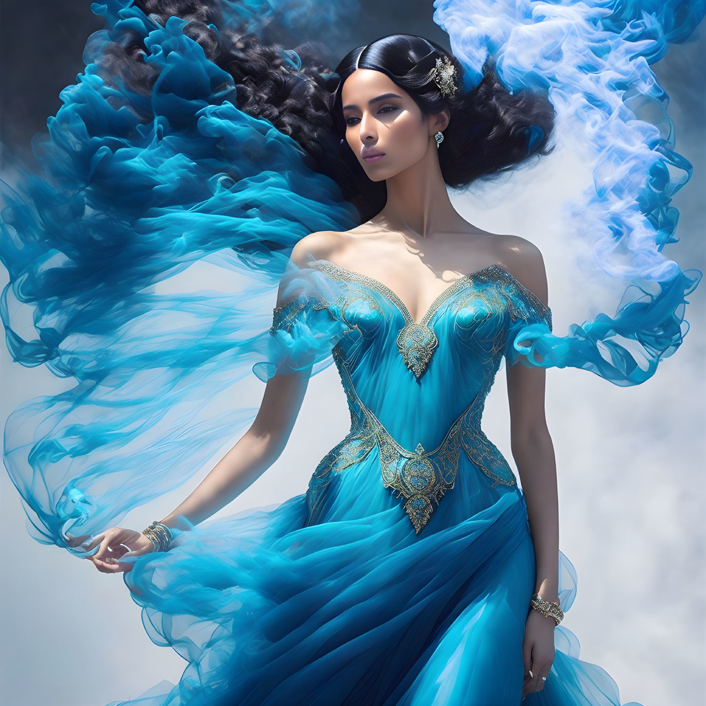 Dancing goddess in blue smoke.
