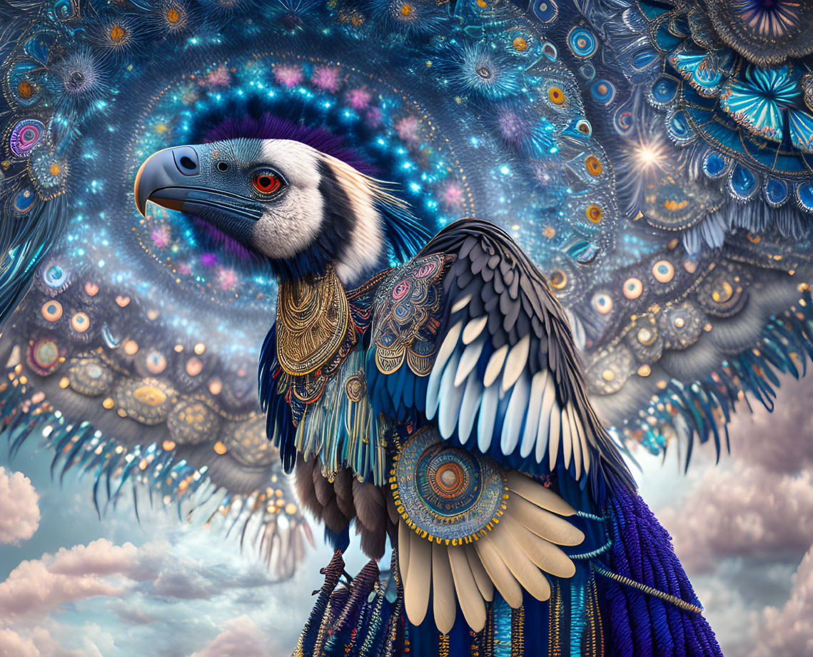Regal bird illustration with intricate patterns and jewelry on ornate mandala background