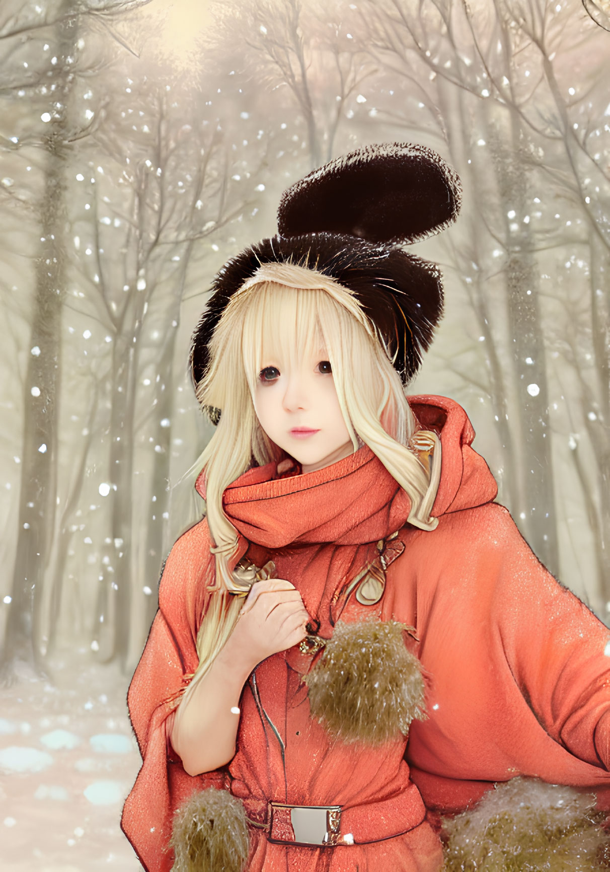 Blonde Woman in Orange Coat in Snowy Forest