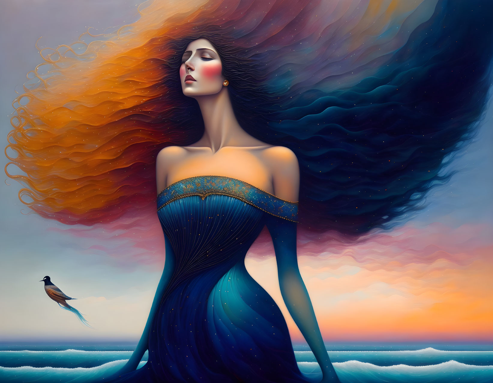 standing goddess against the wind at sea 