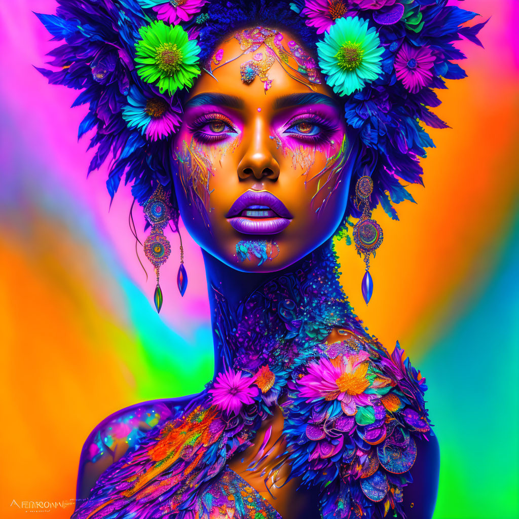 Vibrant woman portrait with body paint and floral headpiece