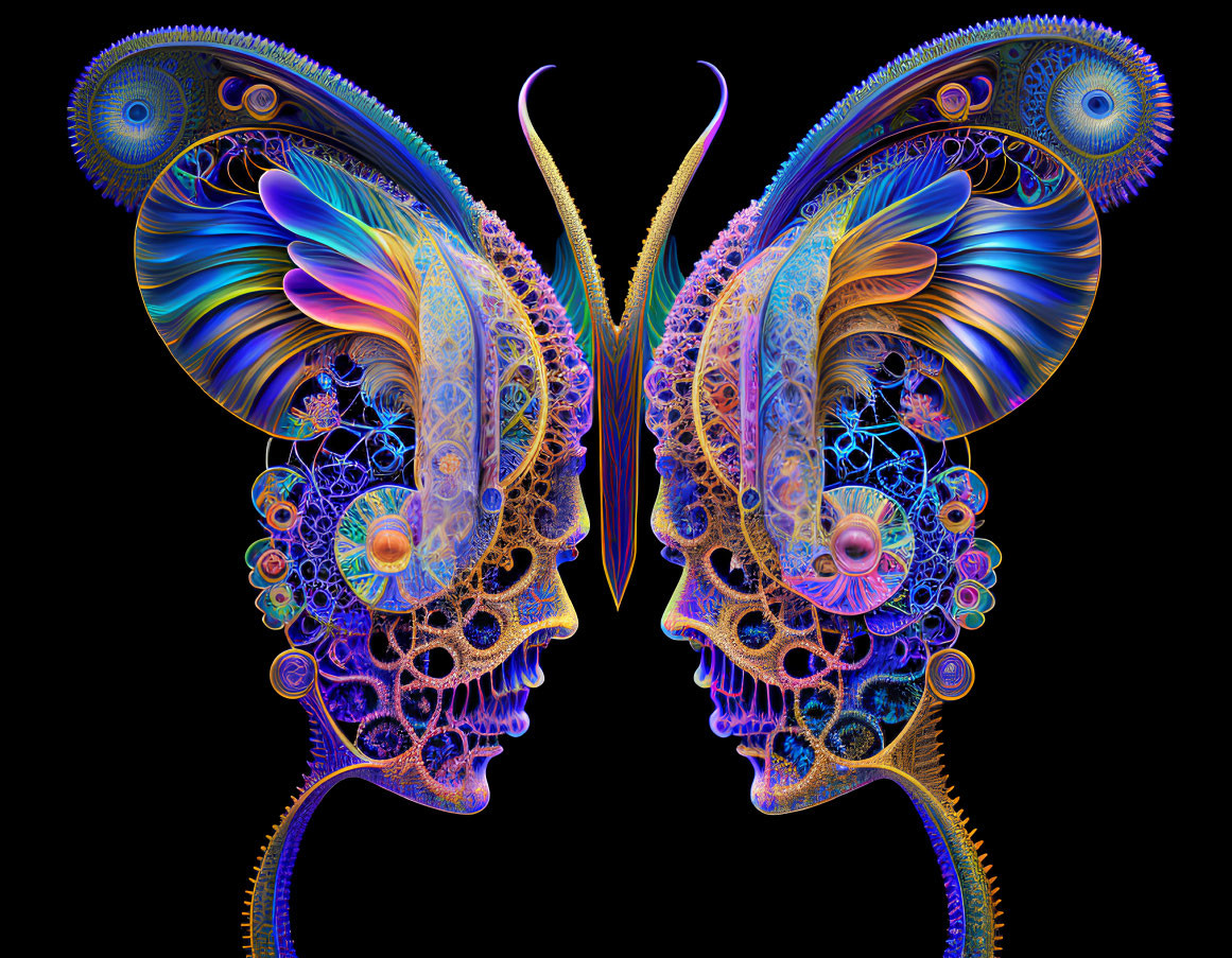 Symmetrical Fractal Artwork: Butterfly-Winged Skulls in Blues and Oranges