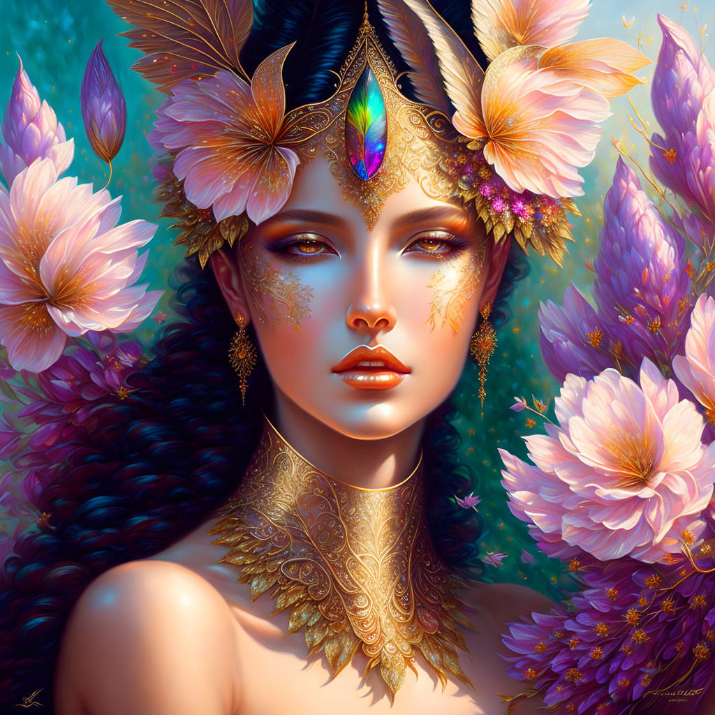 Woman with Golden Jewelry and Feathered Headdress Surrounded by Pink Flowers
