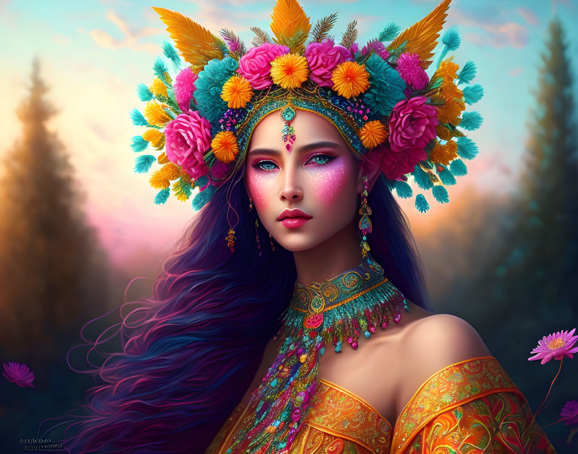 Woman with vibrant floral headdress, purple hair, nature-inspired makeup, and forest backdrop