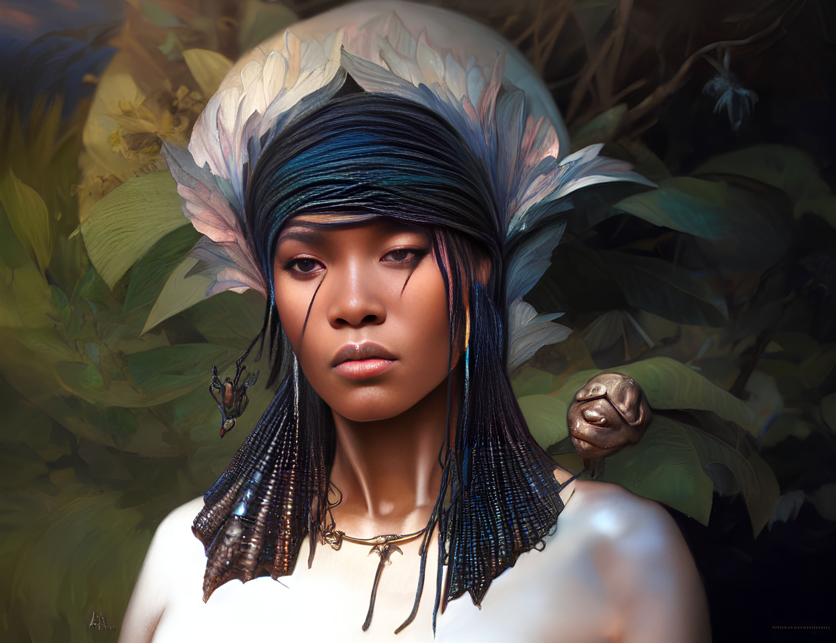 Portrait of Woman with Blue Headwrap and Feathered Headdress in Golden Jewelry