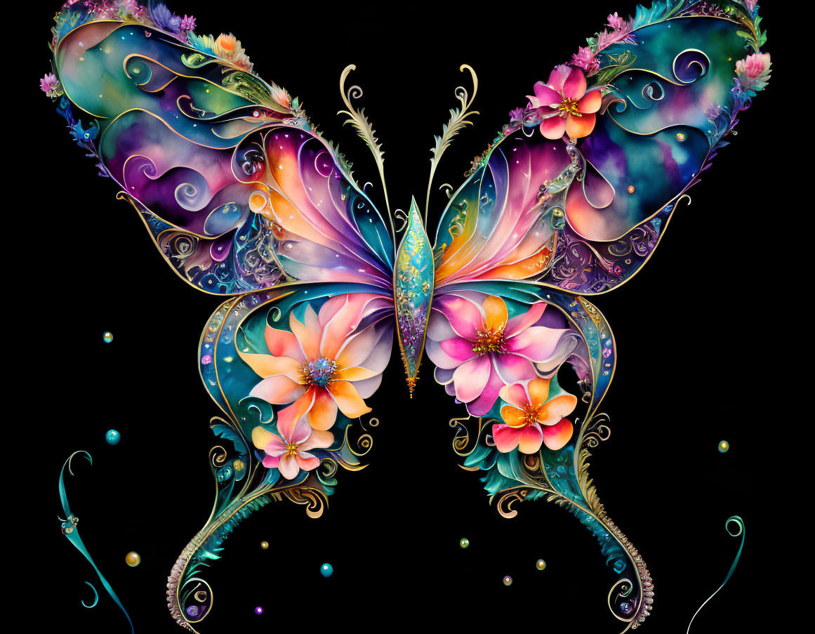 Colorful Stylized Butterfly Artwork with Floral and Cosmic Elements