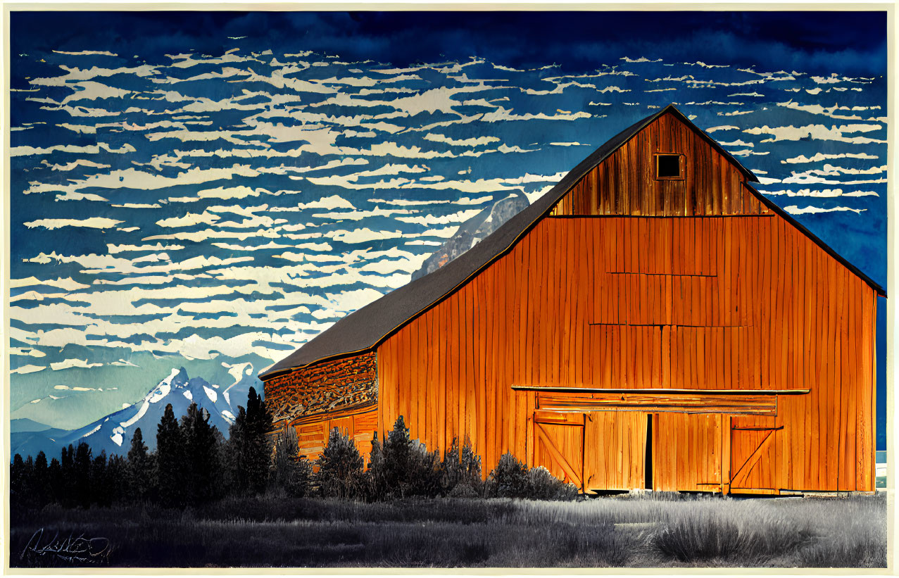Rustic red barn with slanted roof against mountain backdrop and vibrant sky.
