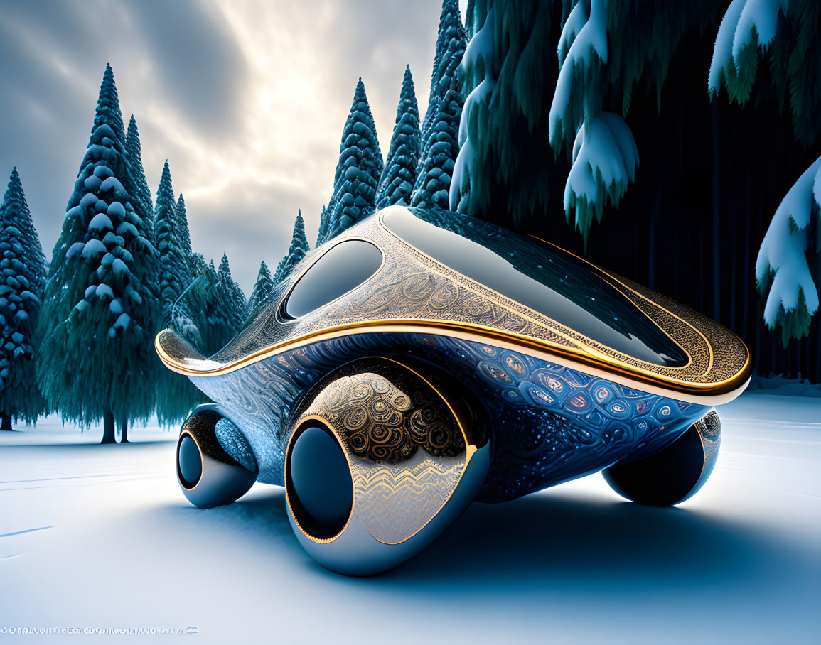 Intricate gold and blue patterned futuristic vehicle in snowy forest