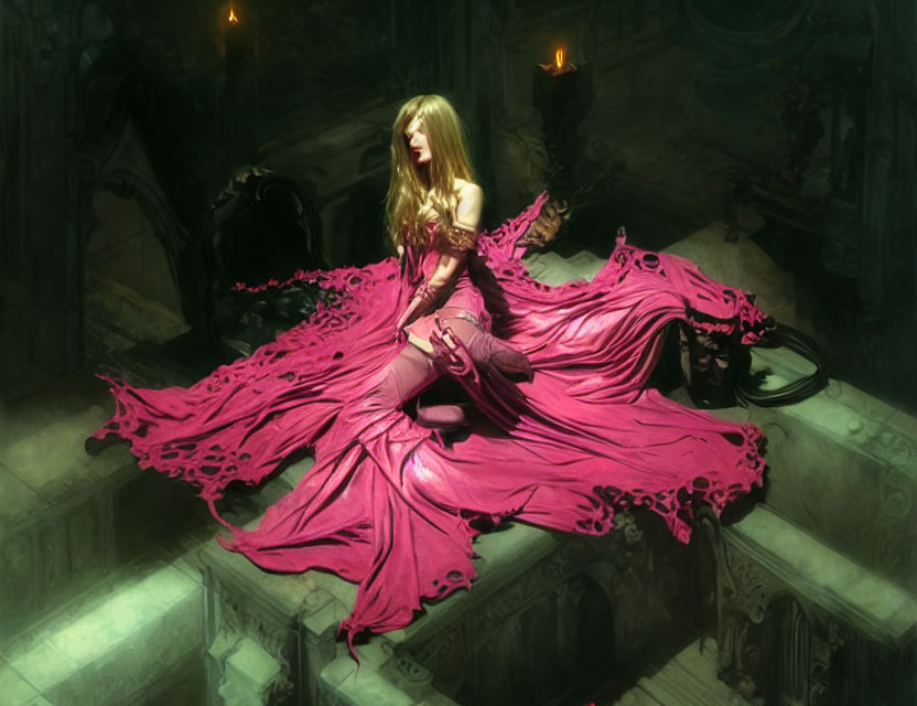 Woman in elaborate red dress on gothic throne in candle-lit chamber