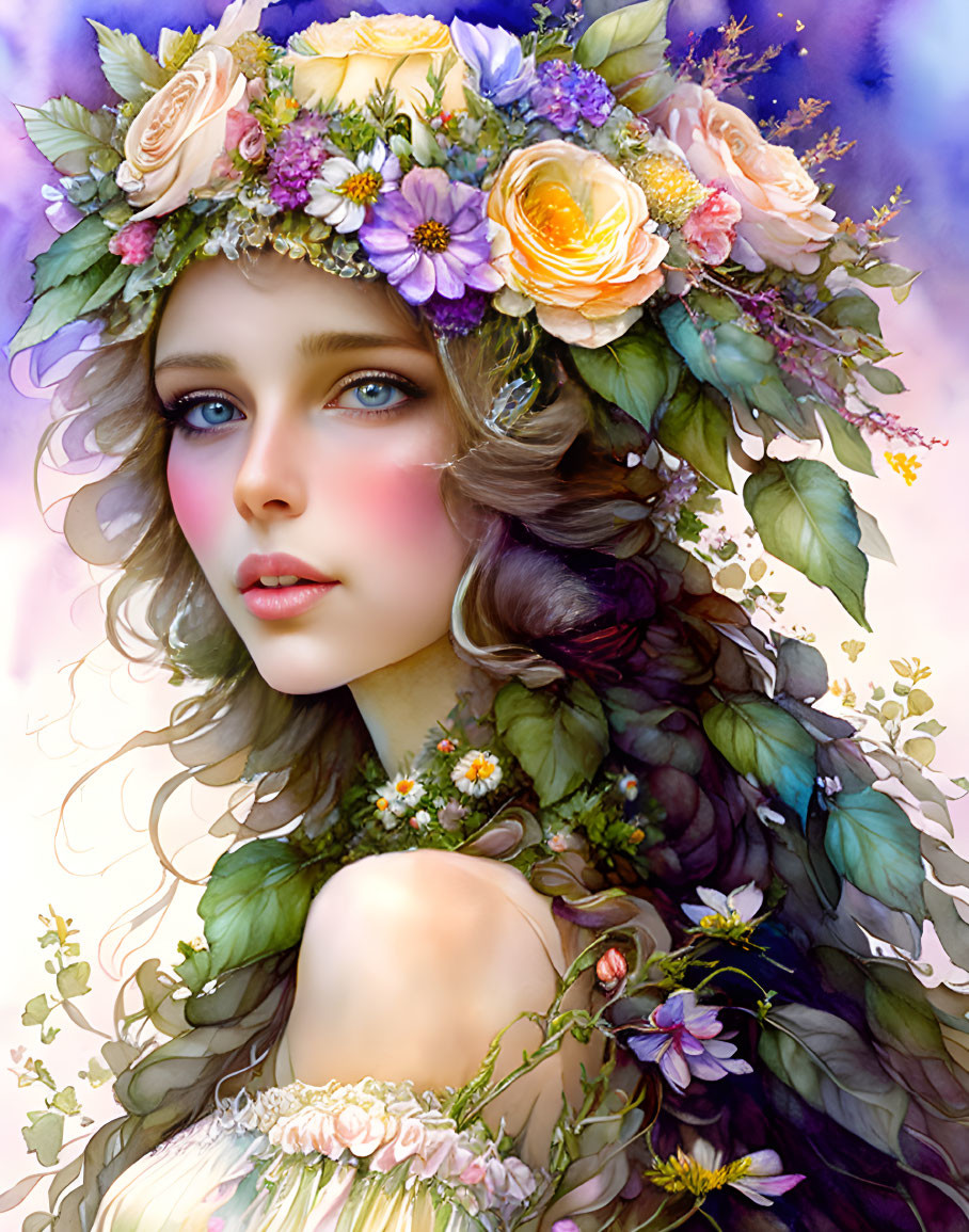 Illustration of woman with vibrant floral hair, feather-like elements, and ethereal background.