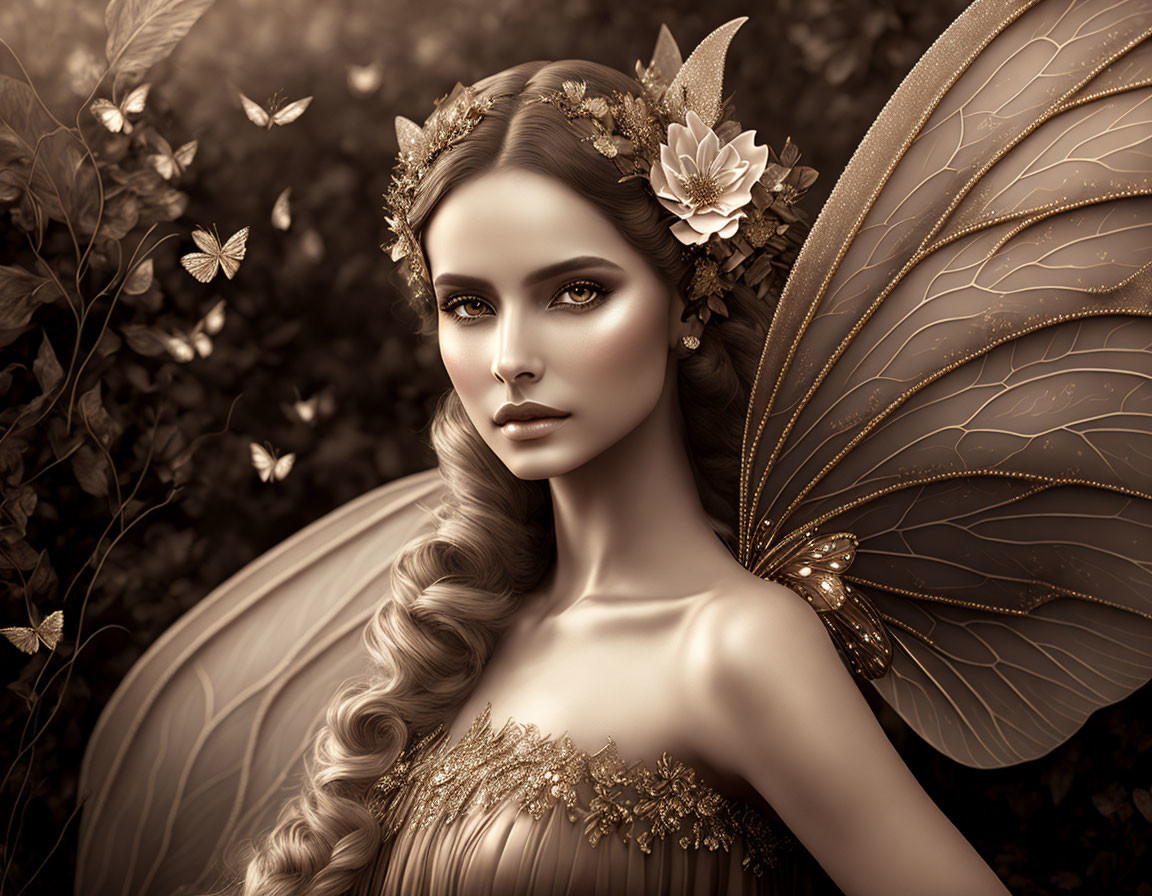 Sepia-Toned Image of Woman with Fairy Wings and Butterflies