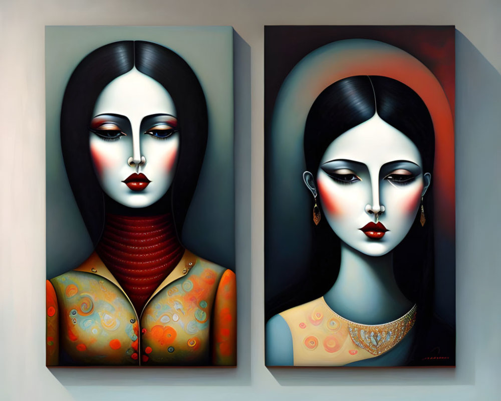Stylized portraits of women with elongated features and striking red lips on canvas