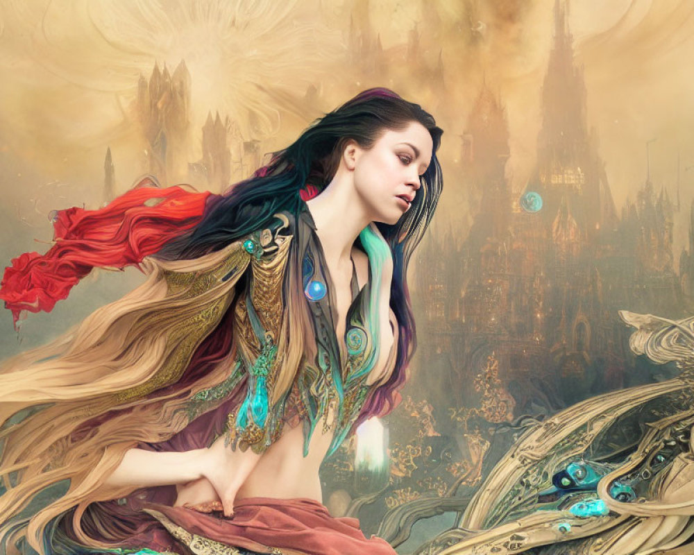 Fantasy artwork: Woman in flowing robes with mystical architecture and ethereal light