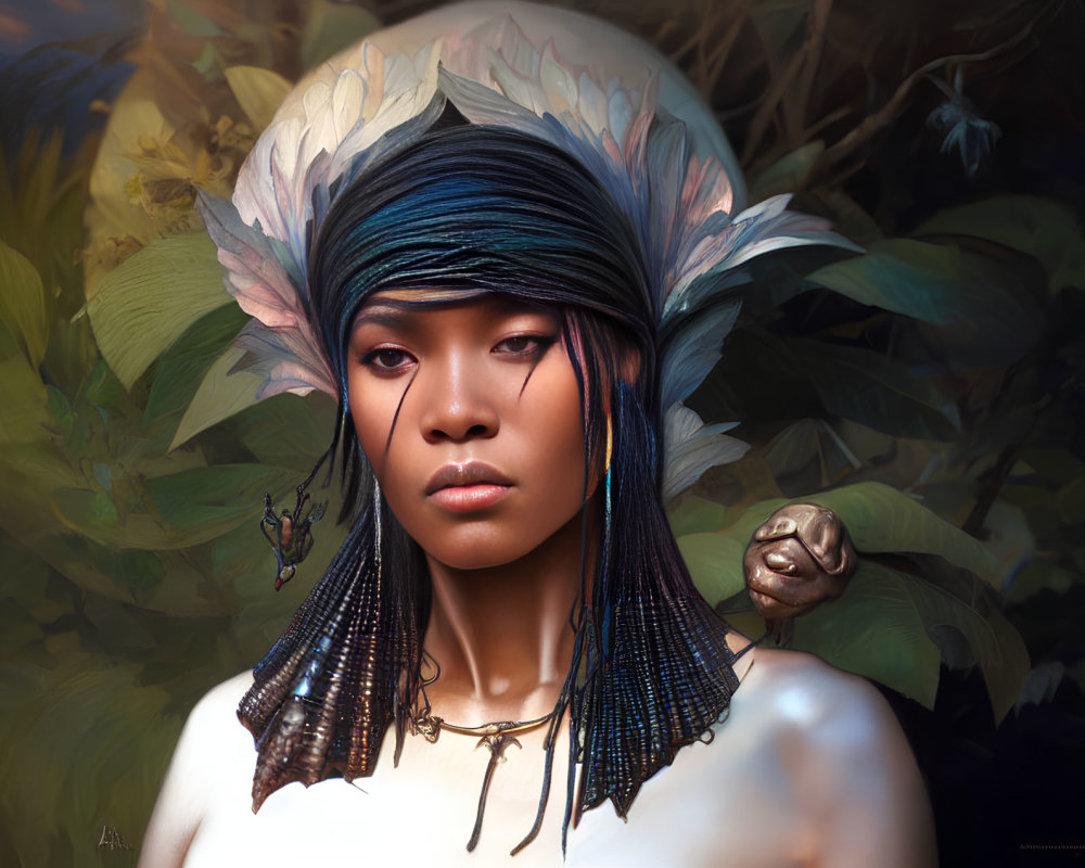 Portrait of Woman with Blue Headwrap and Feathered Headdress in Golden Jewelry