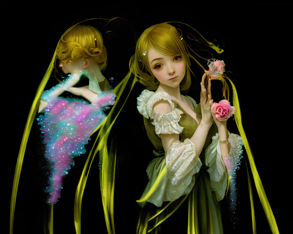 Blonde Girl Holding Rose with Cosmic Mirror Trail