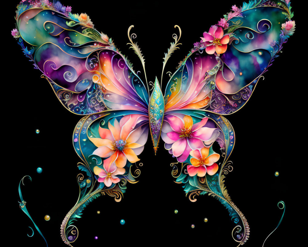 Colorful Stylized Butterfly Artwork with Floral and Cosmic Elements