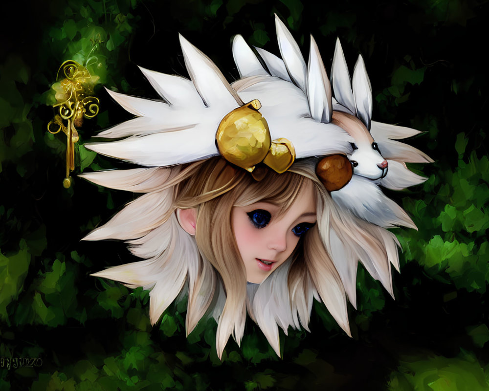 Digital Artwork: Person with Large Blue Eyes in Fantasy Headdress on Dark Green Background