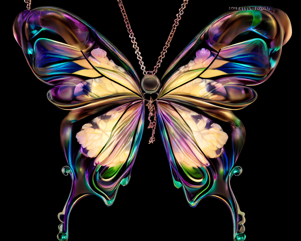 Colorful Butterfly Pendant on Copper Chain Against Black Background