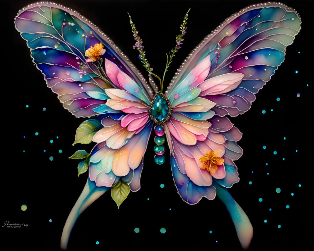Colorful Butterfly with Floral and Jewel-like Wings on Dark Background