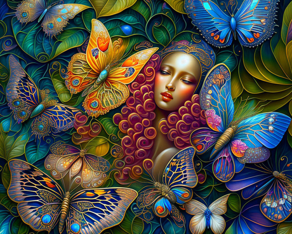 Colorful digital artwork: Serene female face with vibrant butterflies and botanical patterns