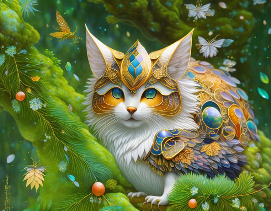 Detailed Fantasy Cat Artwork with Armor and Jewels in Lush Setting