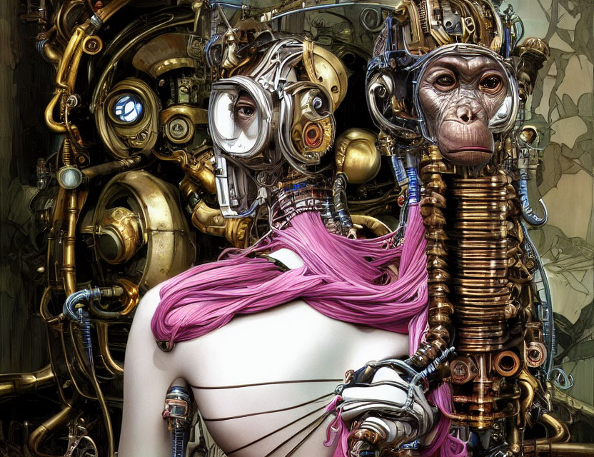 Surreal artwork: Cyborg woman with pink hair and robotic monkey.
