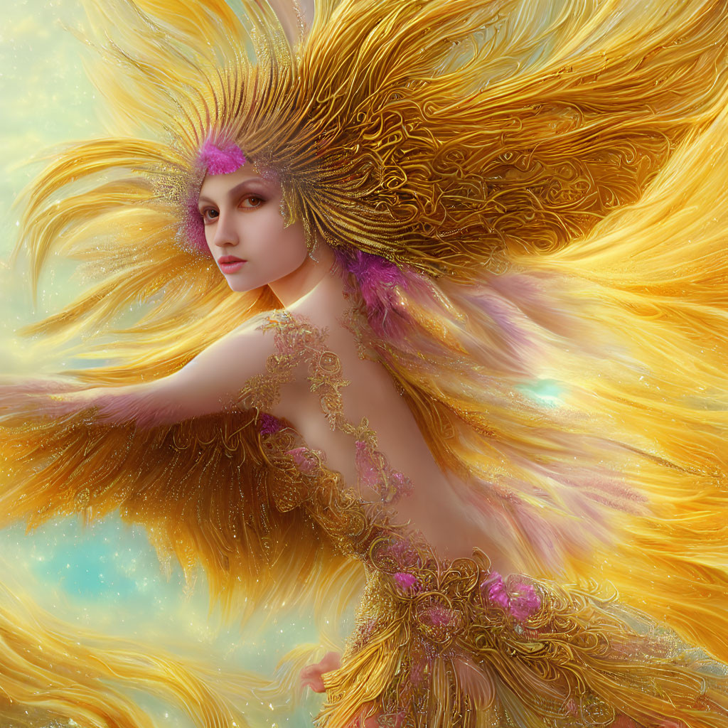 Vibrant golden plumage on female figure in dreamy background