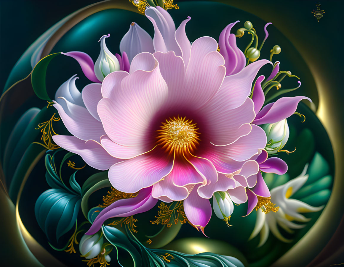 Vibrant pink flower with golden center and green leaves in digital art
