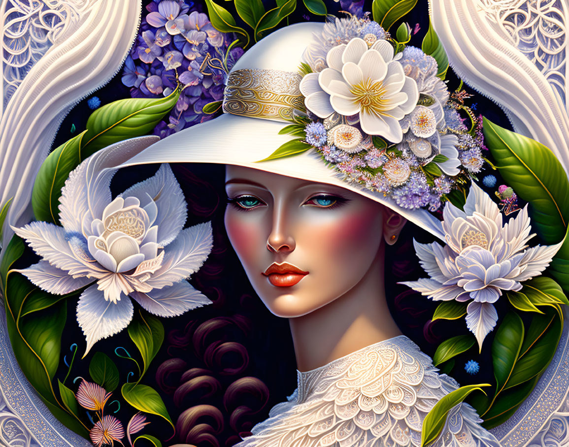 Detailed Illustration of Woman with Floral Hat & Vibrant Colors