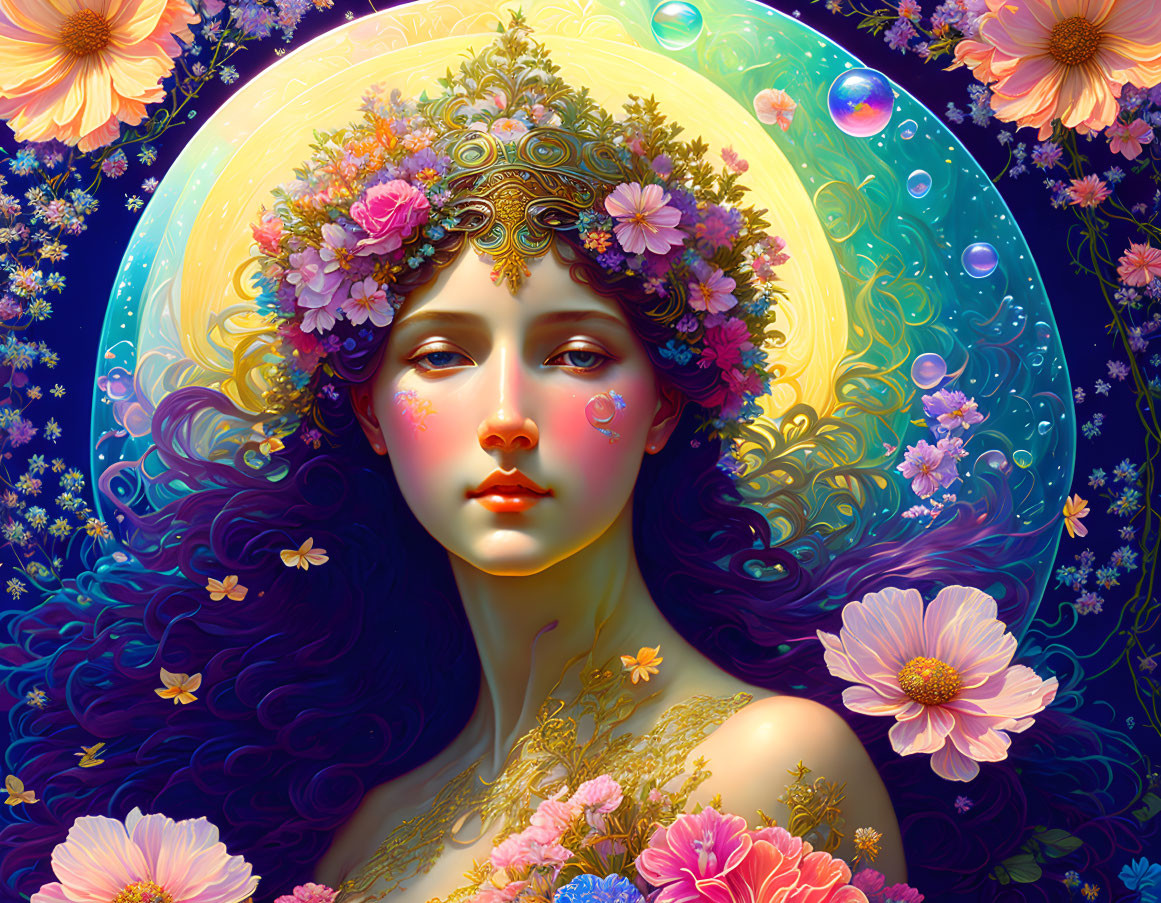 Vibrant illustration of woman with floral crown in dreamy setting