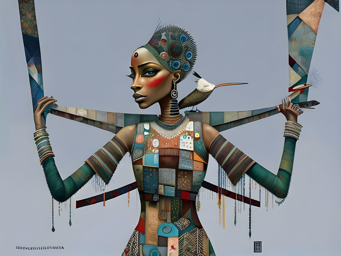 Digital artwork of woman with patchwork skin and tribal jewelry.