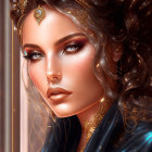 Digital portrait: Woman with braided hair, pearls, coins, glowing skin, starry garment