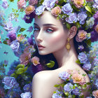 Detailed Portrait of Woman Surrounded by Colorful Flowers
