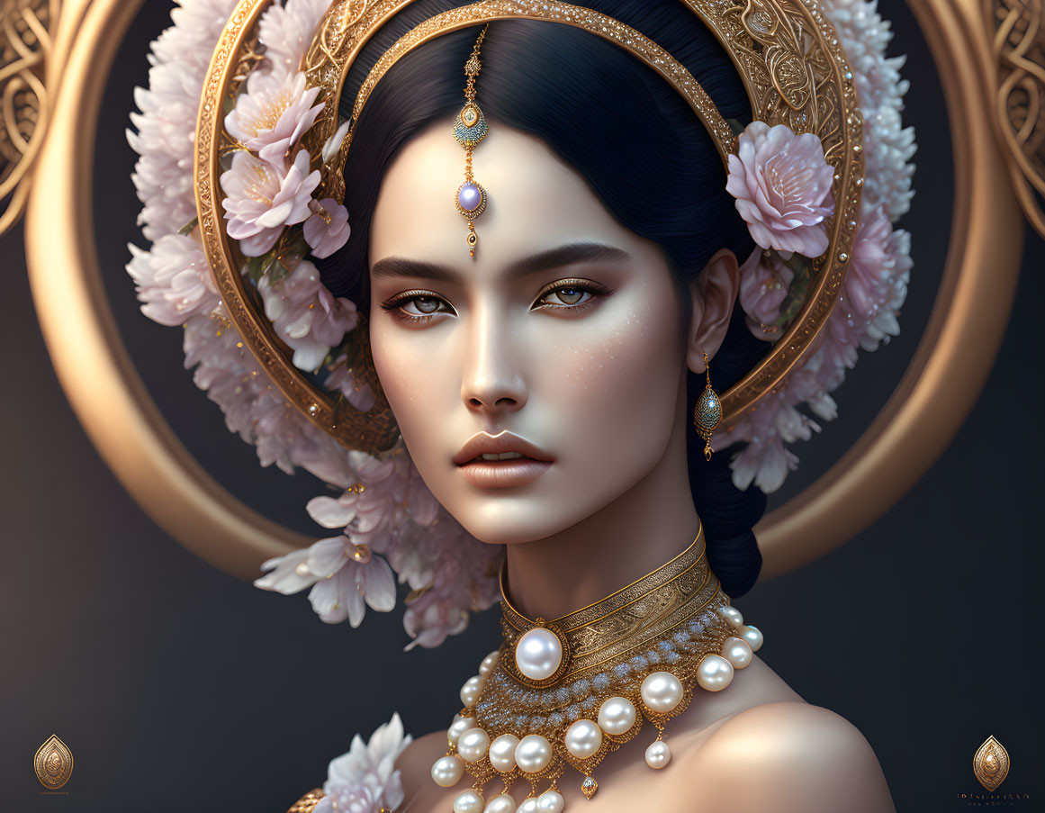 Digital artwork: Woman adorned with gold jewelry, pink flowers, circular motif
