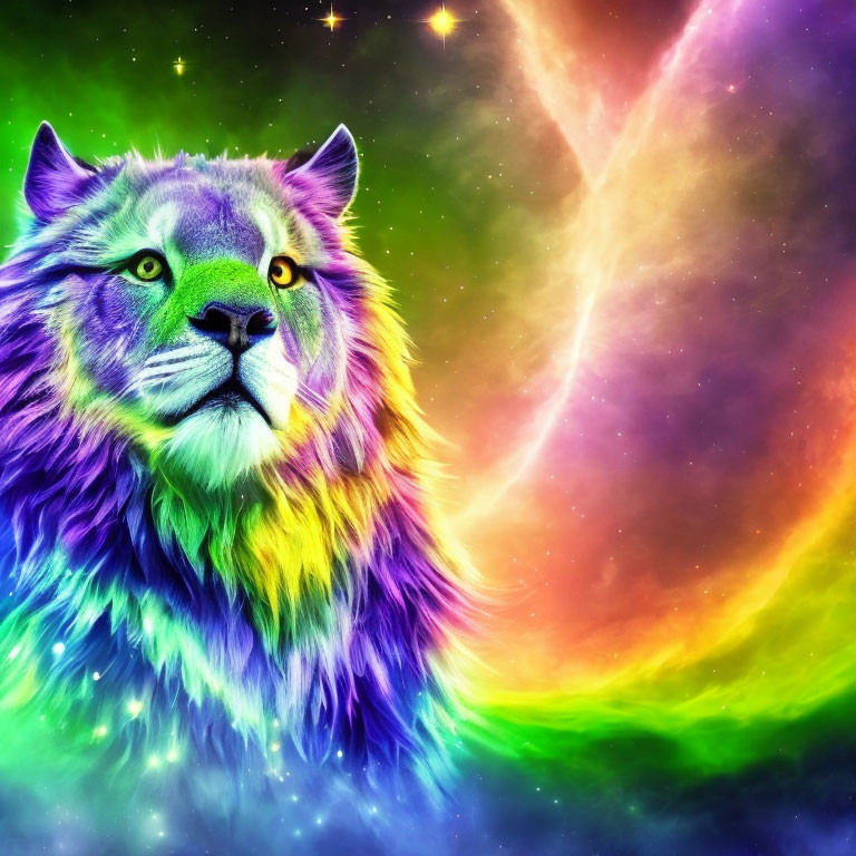 Colorful Lion Artwork with Cosmic Background