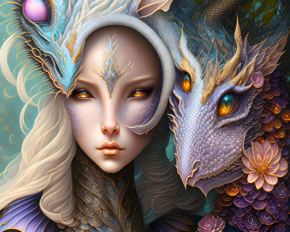 Fantasy image: Woman with dragon-like features and serpent creature in ornate setting