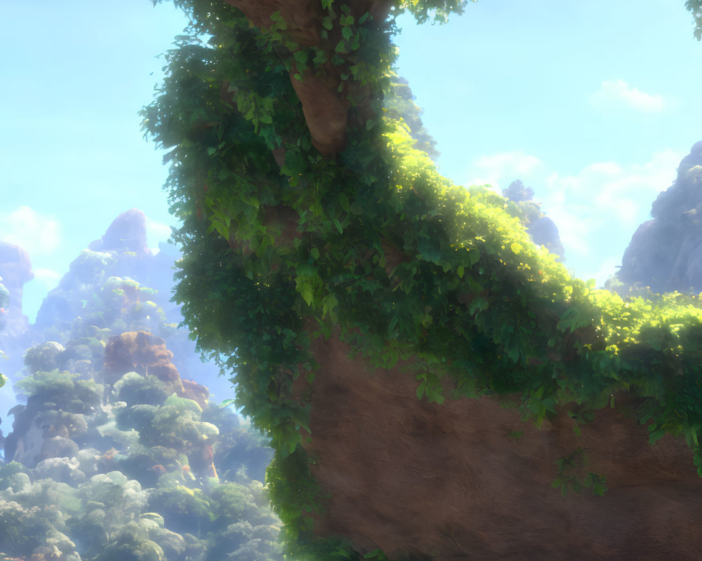 Scenic verdant cliff with lush tree and foliage above misty forest