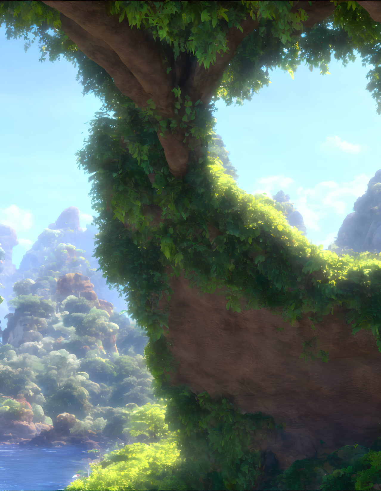 Scenic verdant cliff with lush tree and foliage above misty forest