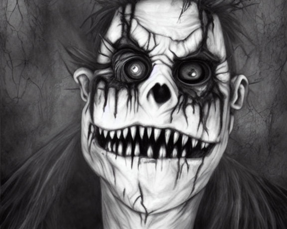 Monochrome image of creepy clown with exaggerated features