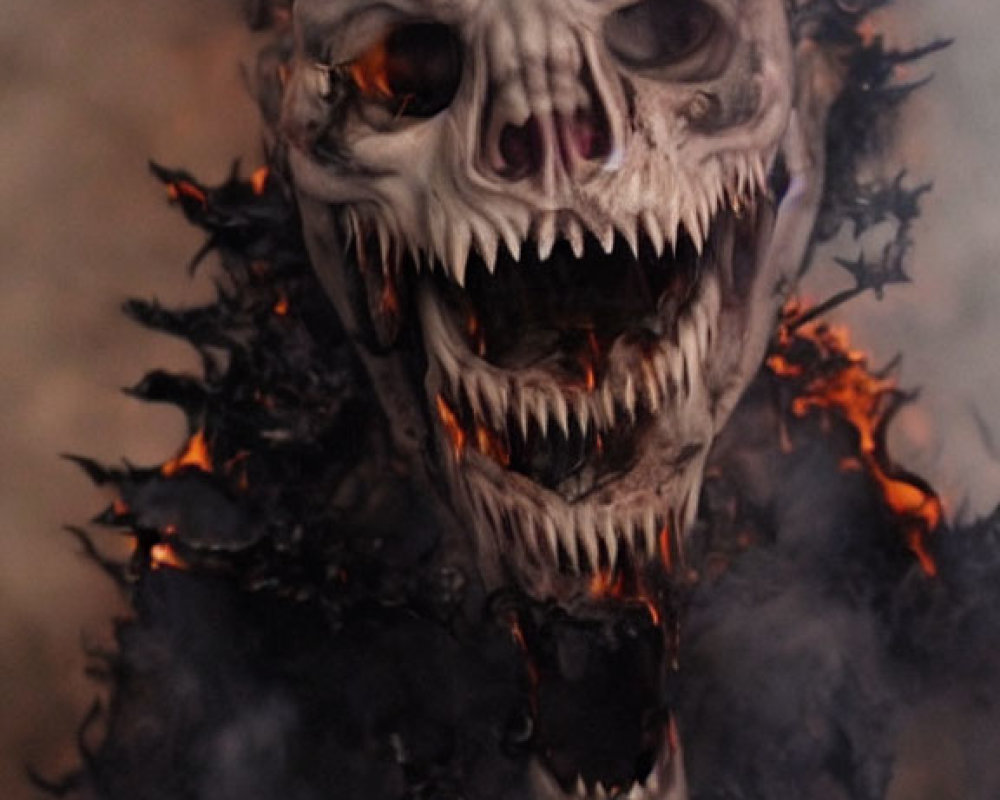 Menacing skull with sharp teeth in fiery, smoky background