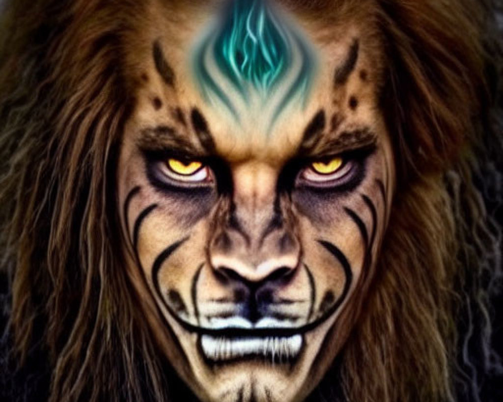 Digital image blending human face with lion features: yellow eyes, mane, tribal markings