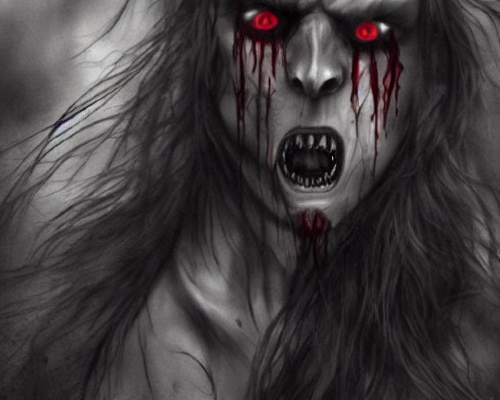Monstrous figure with wild hair and red eyes in ghoulish depiction