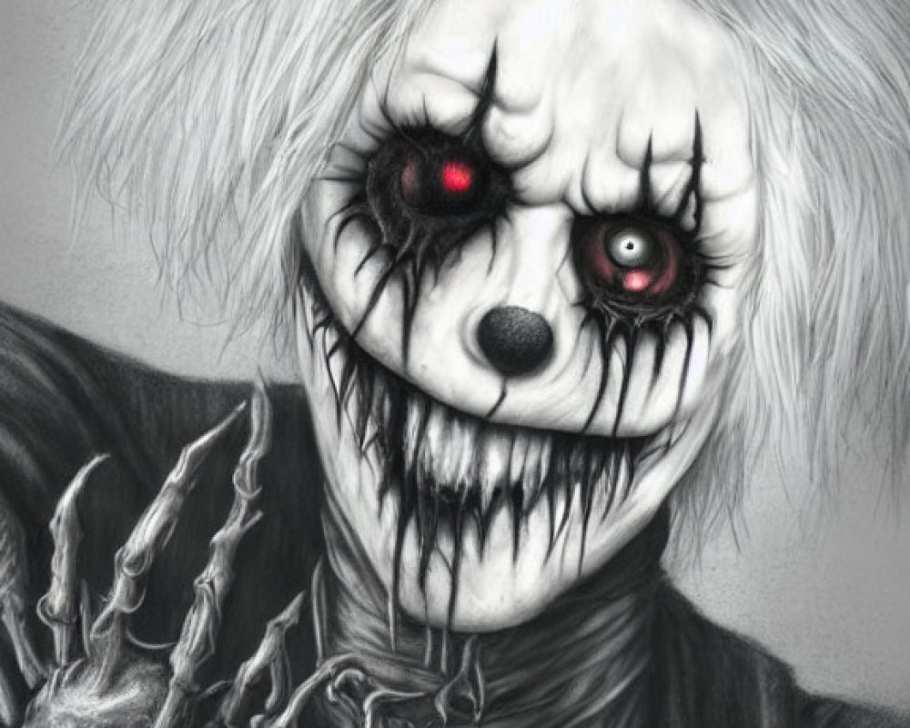 Monochrome sketch of spooky clown with red eyes and sinister grin