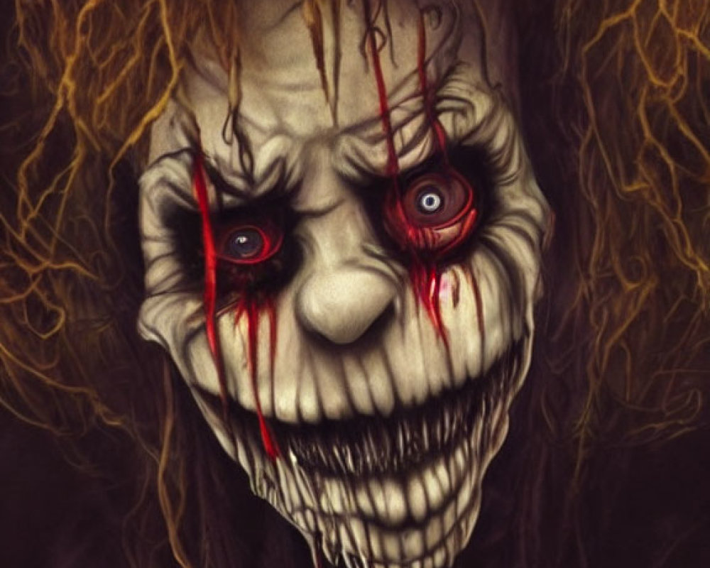 Menacing clown illustration with sharp teeth and blood-red eyes