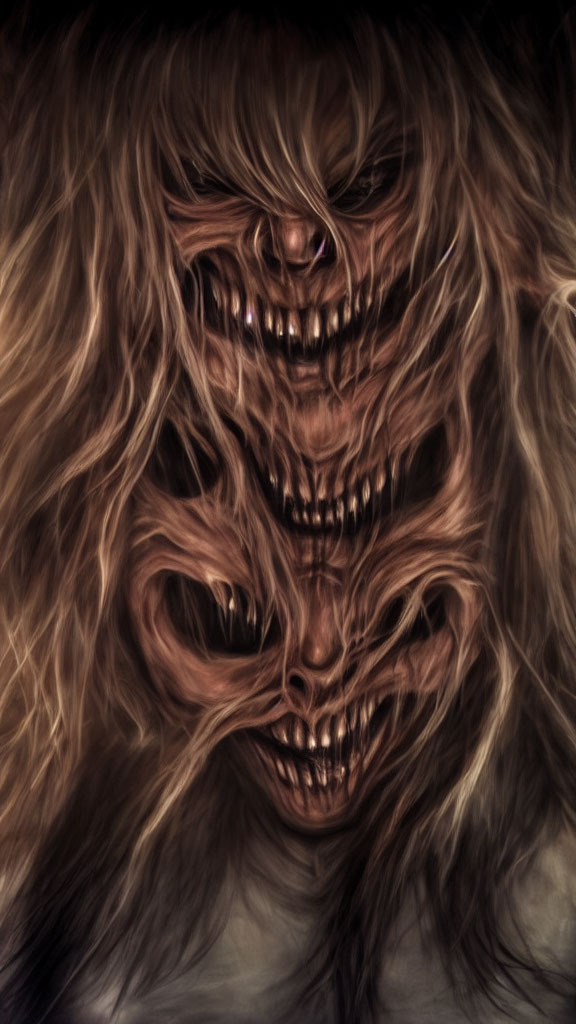 Digital Artwork: Ghastly Demonic Faces with Multiple Eyes and Sharp Teeth