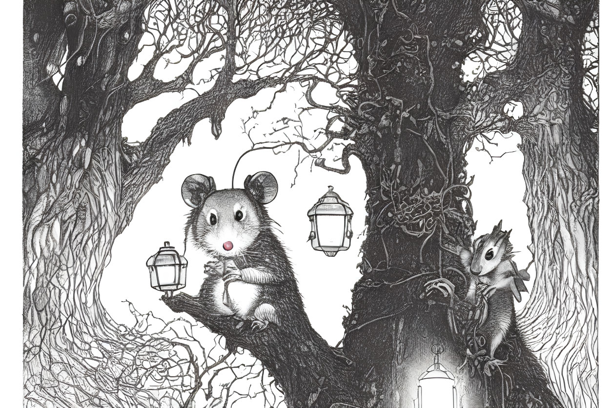 Detailed Illustration: Mouse and Squirrel with Lanterns in Whimsical Forest
