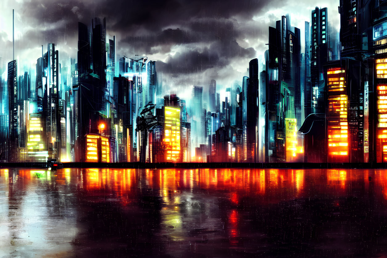 Futuristic night cityscape with neon lights and cloudy sky