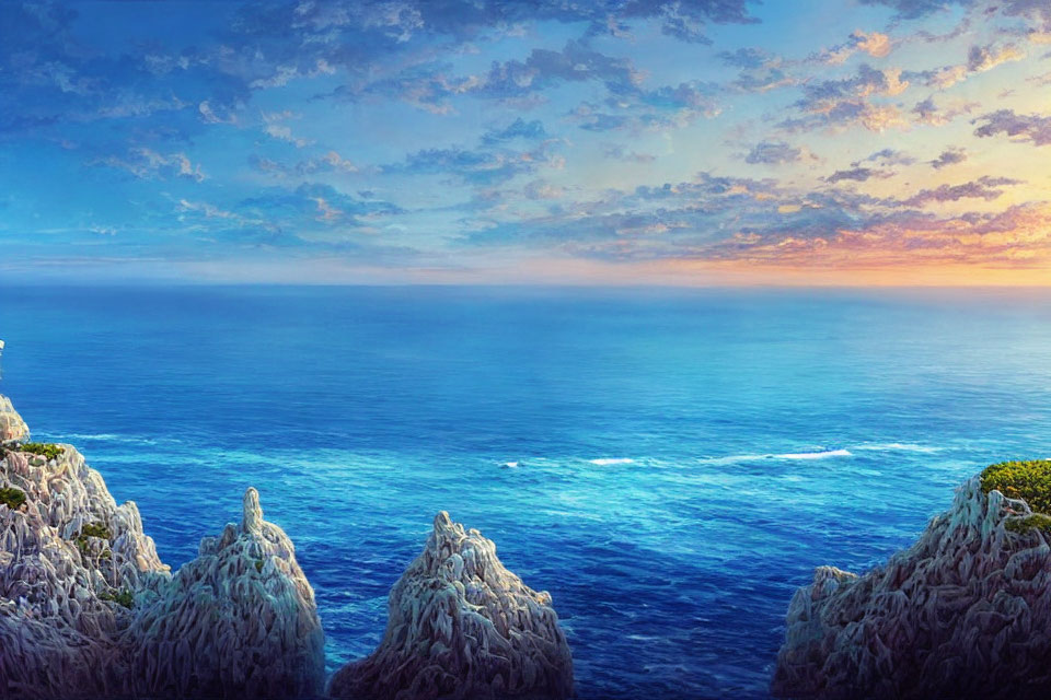 Tranquil sunrise seascape with craggy cliffs and calm blue waters